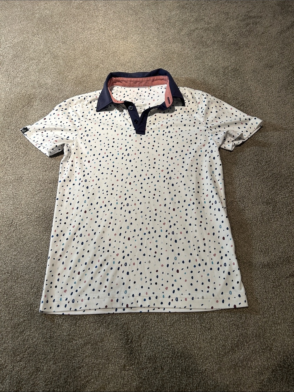 Kids White Polo with Navy Contrast Collar and Multi Dot Print